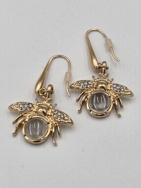 Patricia Nash Gold Tone Bumble Bee Drop Earrings with Clear Cabochon New